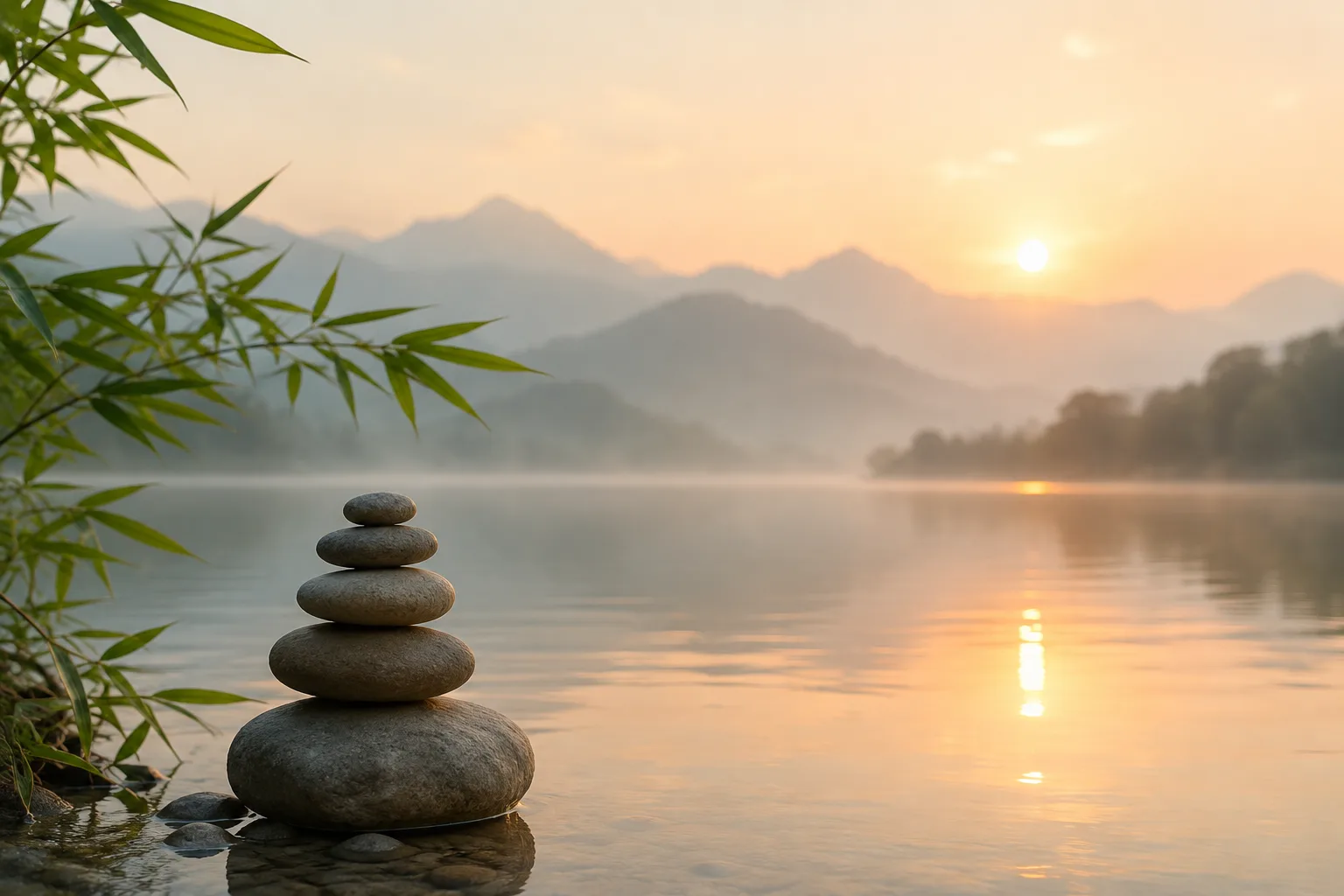 Balanced stones by a calm mountain lake