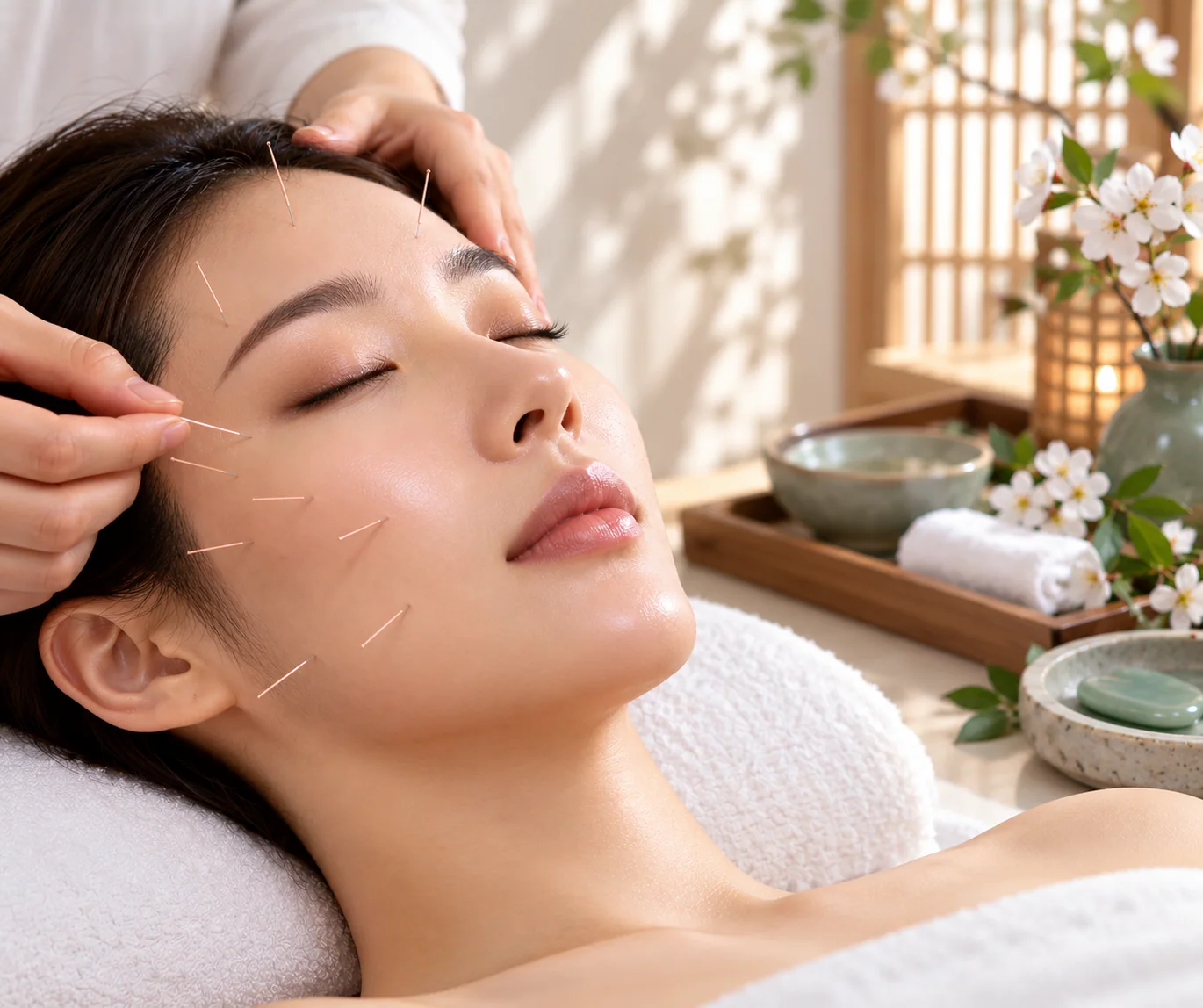 Cosmetic acupuncture treatment using fine needles at selected facial points
